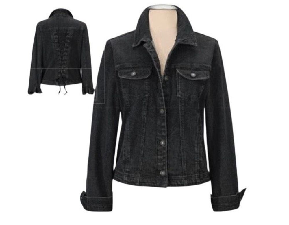 The Pyramid Collection Black is Back Denim Jacket Corset Lace Back Boho Black XS